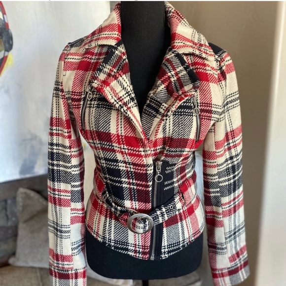 Express Wool Blend Red Plaid Belted Biker Jacket - Picture 1 of 10